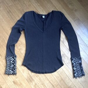 We The Free Off Black Long Sleeve Top with Knit Patterned Cuffs